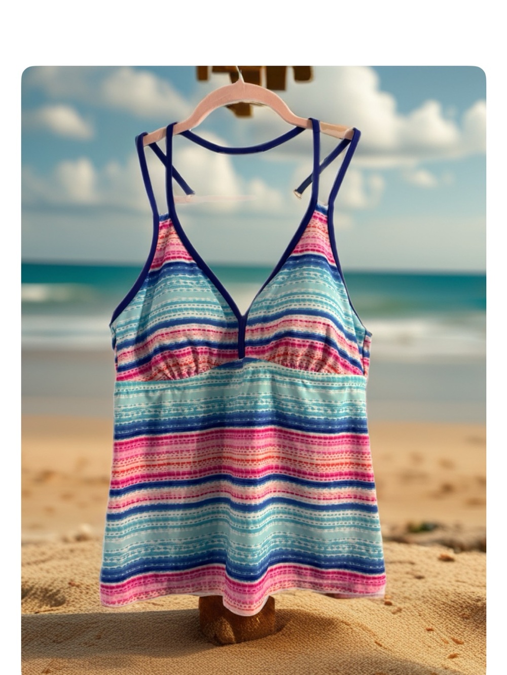 Splashletics Striped Blue & Pink Tankini Top with Navy Trim